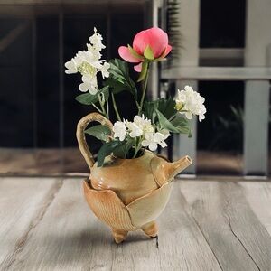 VTG handmade footed, Ceramic Teapot with Floral Design, water jug, flower vase